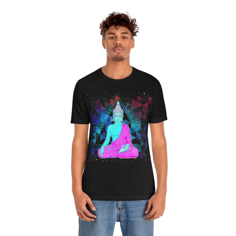 Sitting Buddha over sacred pyramid geometric graphics Unisex Jersey Short Sleeve Tee - Image 3