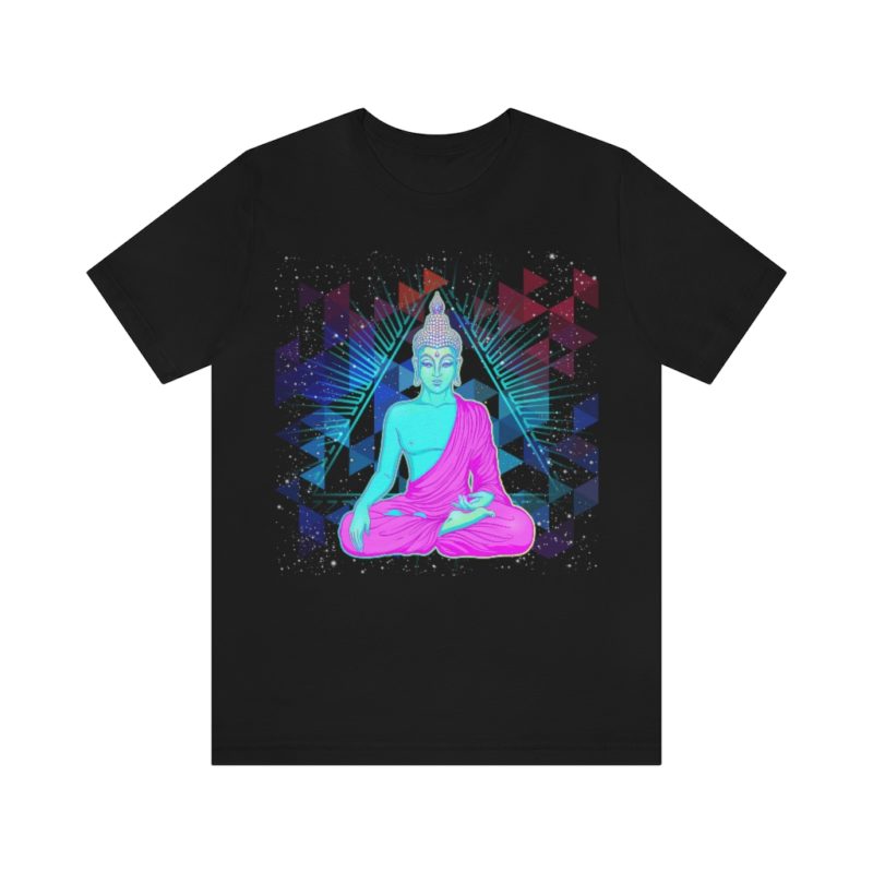 Sitting Buddha over sacred pyramid geometric graphics Unisex Jersey Short Sleeve Tee