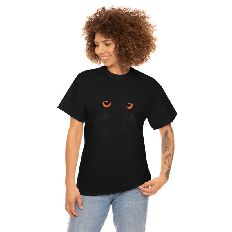 Black Owl , Orange Eyes Halloween Owl – Black On Black Unisex Heavy Cotton Tee - Image 4
