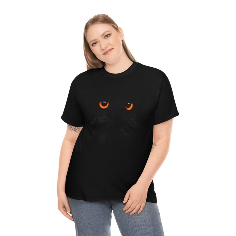 Black Owl , Orange Eyes Halloween Owl – Black On Black Unisex Heavy Cotton Tee - Image 5