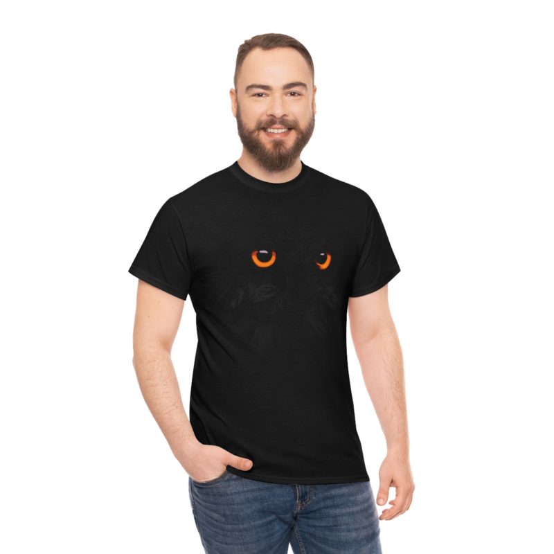 Black Owl , Orange Eyes Halloween Owl – Black On Black Unisex Heavy Cotton Tee - Image 6