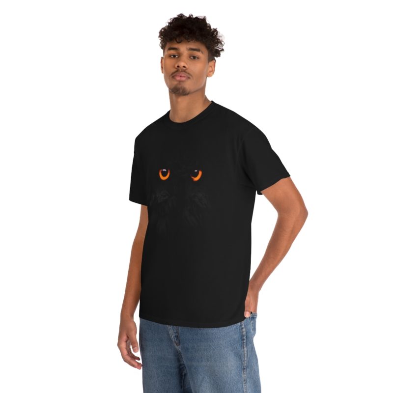 Black Owl , Orange Eyes Halloween Owl – Black On Black Unisex Heavy Cotton Tee - Image 7