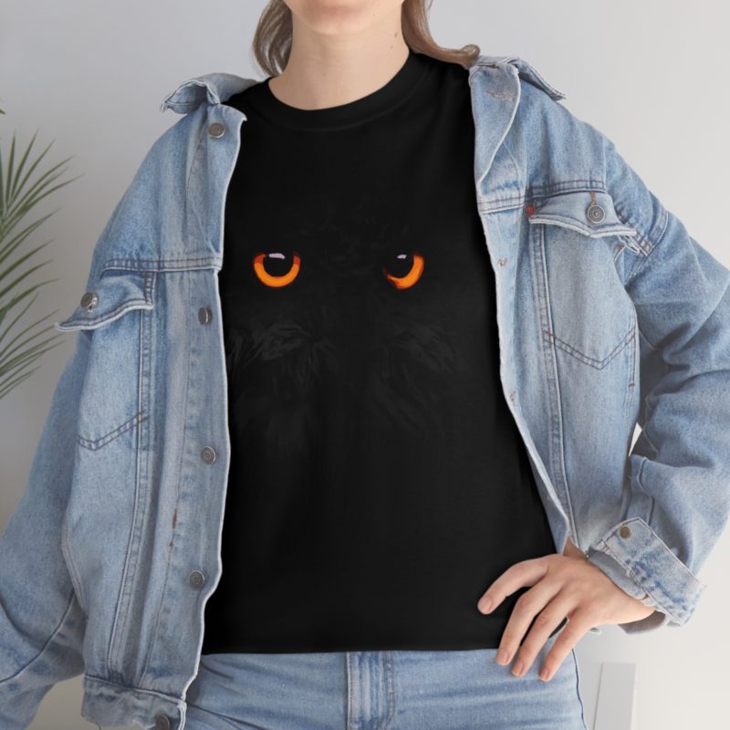 Black Owl , Orange Eyes Halloween Owl – Black On Black Unisex Heavy Cotton Tee - Image 8