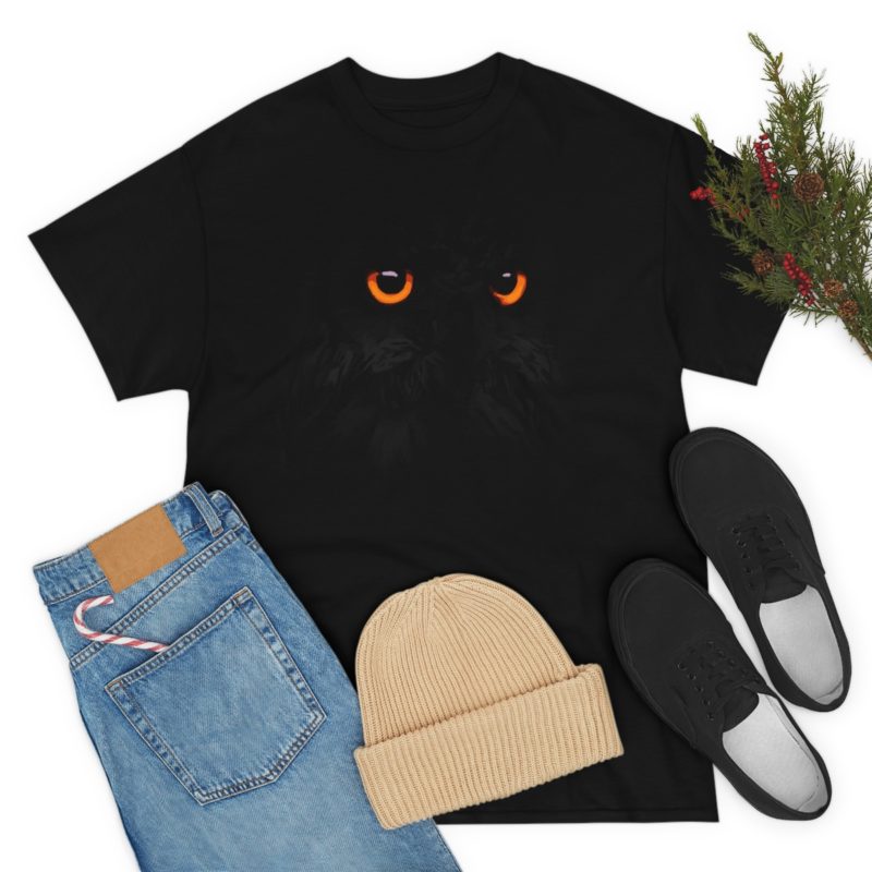 Black Owl , Orange Eyes Halloween Owl – Black On Black Unisex Heavy Cotton Tee - Image 9