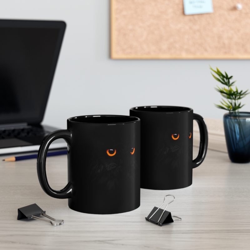 Black Owl - Bright Orange Eyes Owl, 11oz Black Mug - Image 7