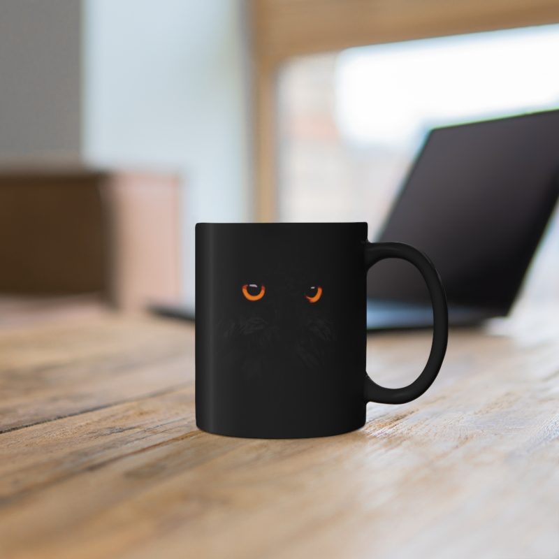 Black Owl - Bright Orange Eyes Owl, 11oz Black Mug - Image 8