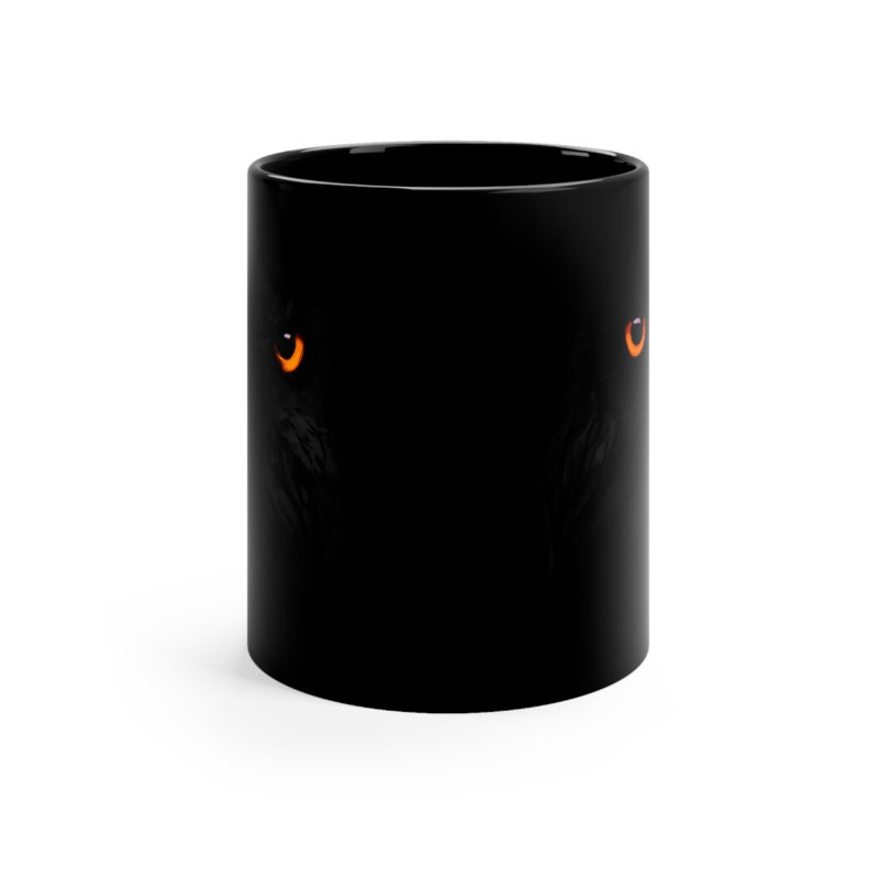 Black Owl - Bright Orange Eyes Owl, 11oz Black Mug - Image 4