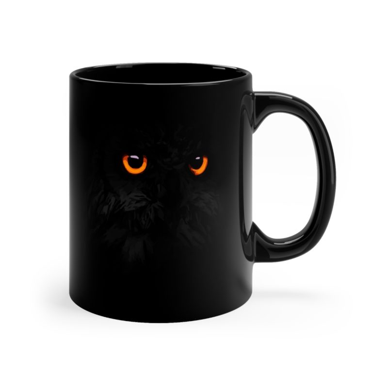 Black Owl - Bright Orange Eyes Owl, 11oz Black Mug - Image 5
