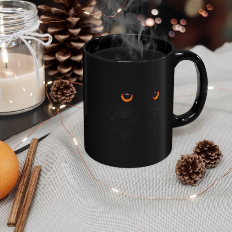 Black Owl - Bright Orange Eyes Owl, 11oz Black Mug - Image 6