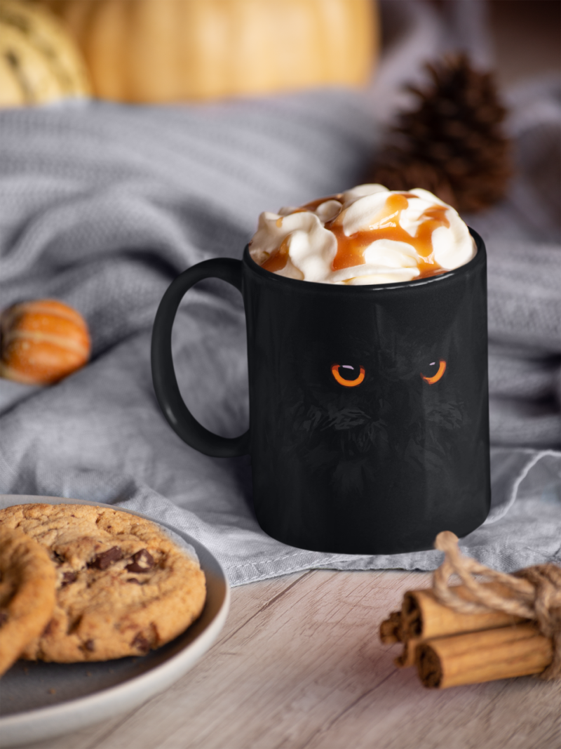 Black Owl - Bright Orange Eyes Owl, 11oz Black Mug