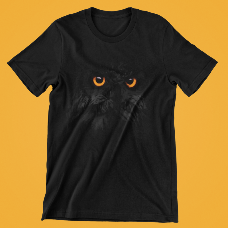 Black Owl , Orange Eyes Halloween Owl – Black On Black Unisex Heavy Cotton Tee - Image 2