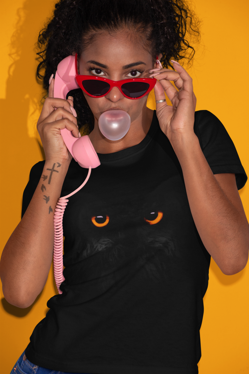 Black Owl , Orange Eyes Halloween Owl – Black On Black Unisex Heavy Cotton Tee