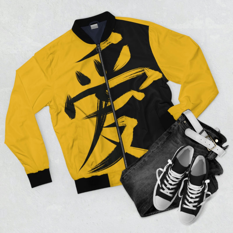 Kanji symbol for the word Love Men's Gold and Black Bomber Jacket - Image 3