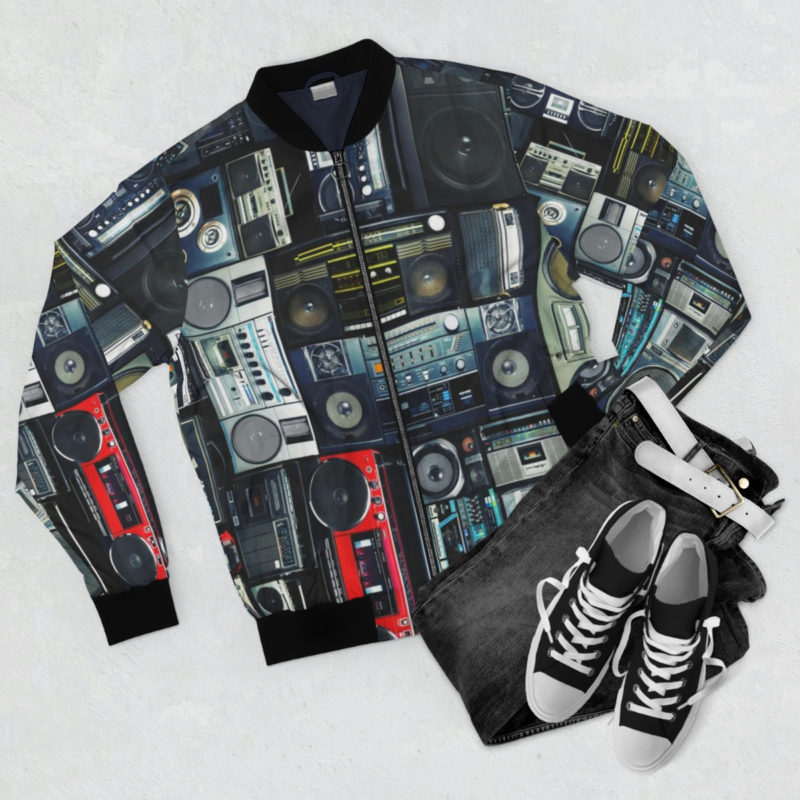 Vintage wall full of radio boombox of the 80s Men's AOP Bomber Jacket - Image 4
