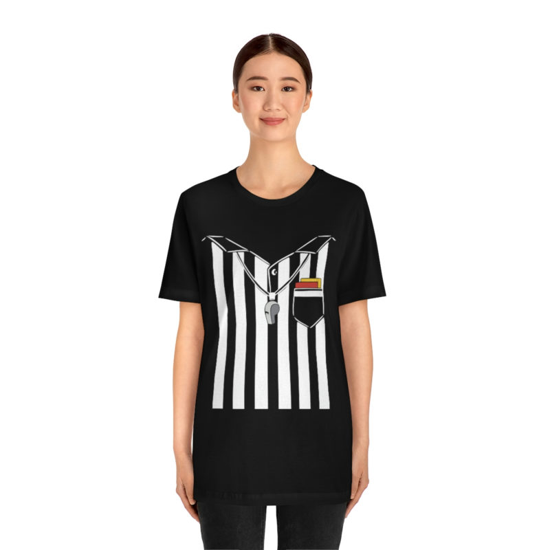 Black soccer referee costume with a whistle and cards Unisex Jersey T-Shirt - Image 3