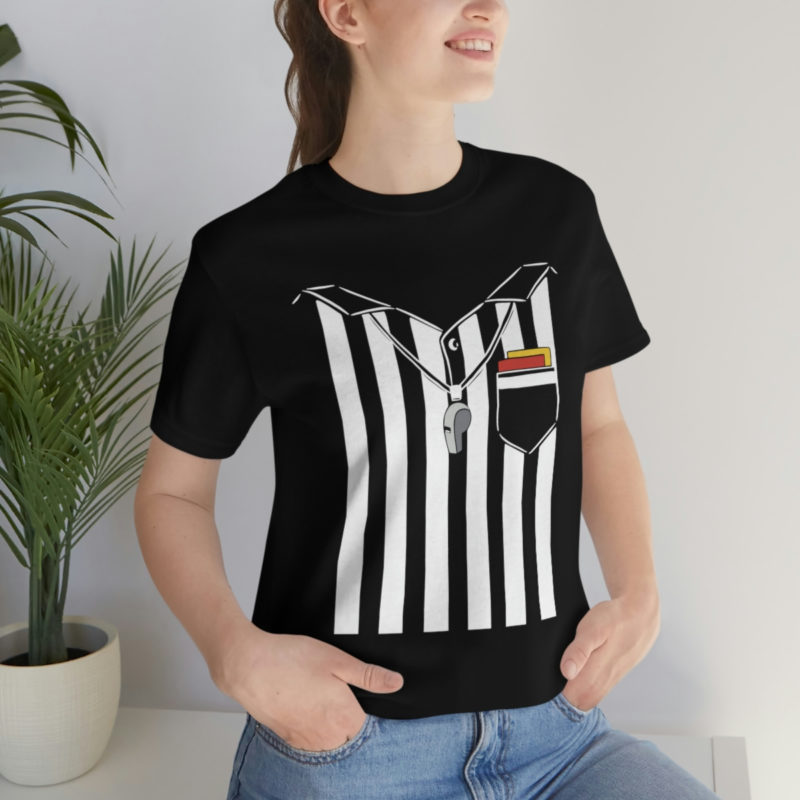 Black soccer referee costume with a whistle and cards Unisex Jersey T-Shirt - Image 7
