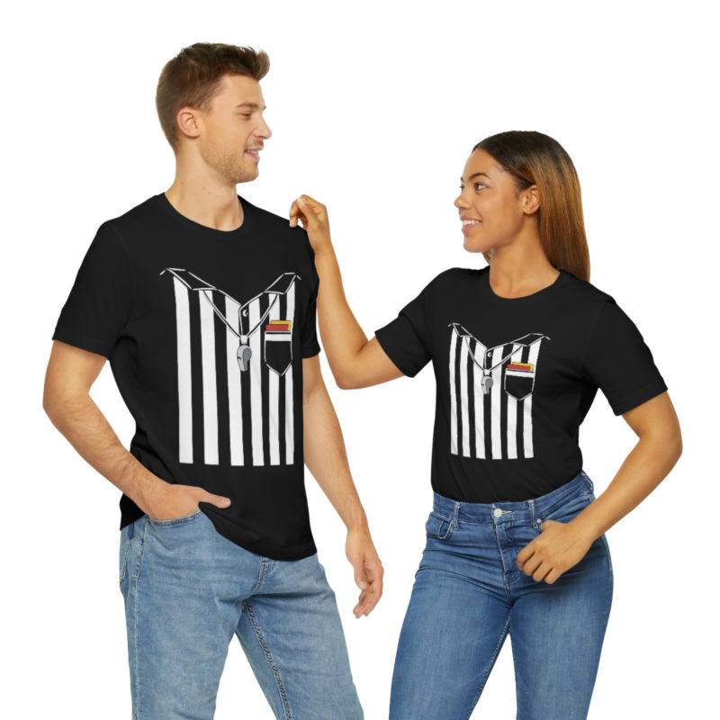 Black soccer referee costume with a whistle and cards Unisex Jersey T-Shirt - Image 8