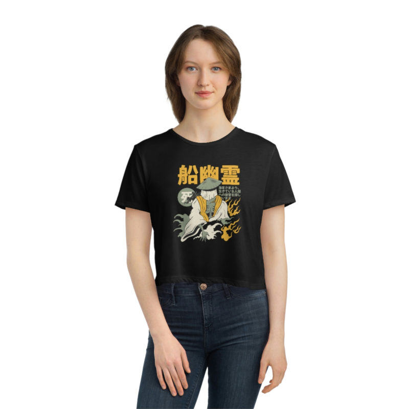 Skeletal yurei ghost japanese t-shirt design - Women's Flowy Cropped Tee - Image 12