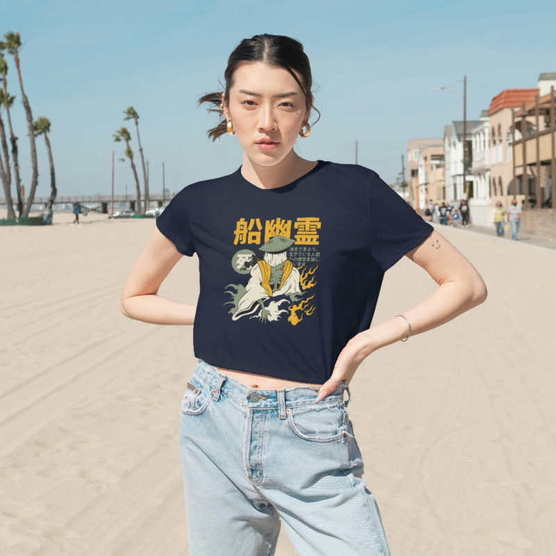 Skeletal yurei ghost japanese t-shirt design - Women's Flowy Cropped Tee - Image 3