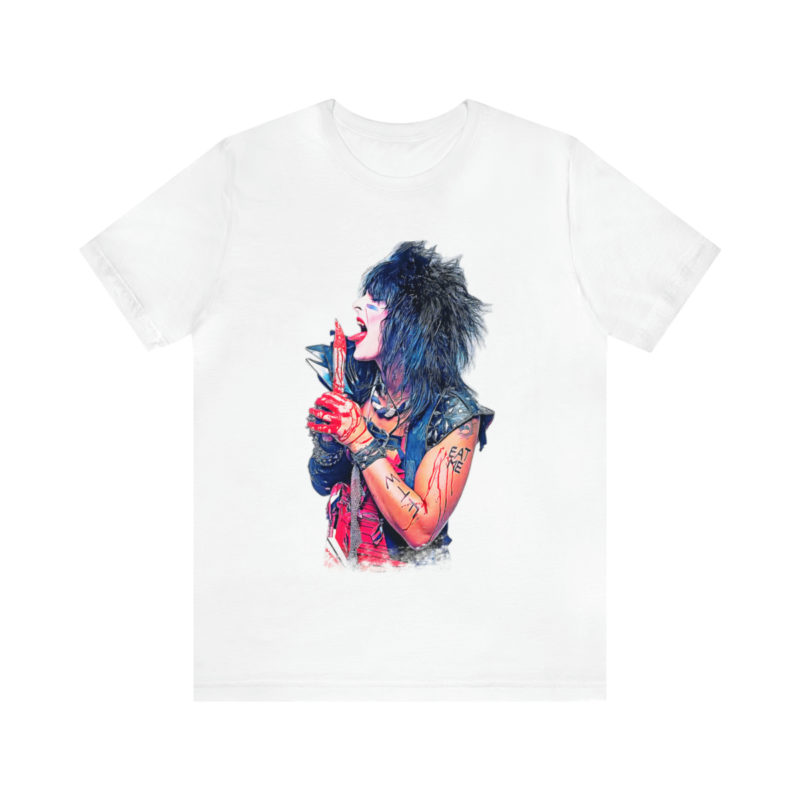 Nikki Sixx Bloody EAT ME Unisex Jersey White T-Shirt. Motley Crue Fan Tee. 1980's Heavy Metal Inspired T-Shirt - Image 2