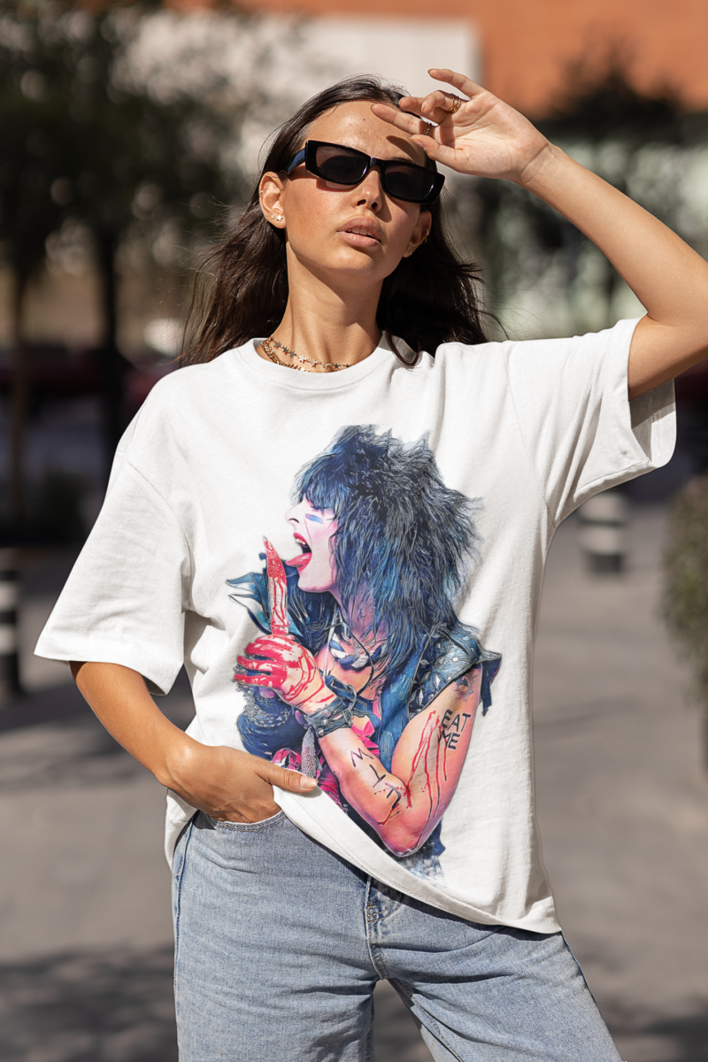 Nikki Sixx Bloody EAT ME Unisex Jersey White T-Shirt. Motley Crue Fan Tee. 1980's Heavy Metal Inspired T-Shirt