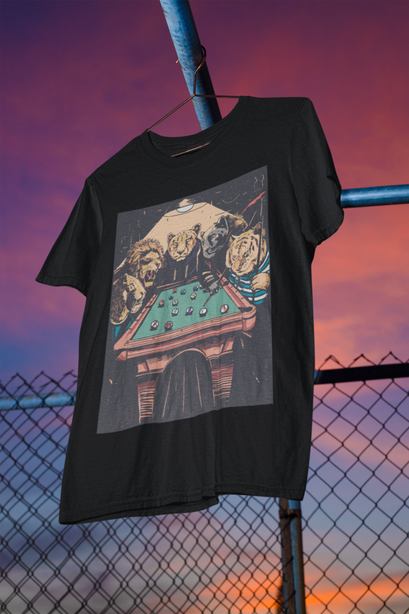 A group of cool slick big cats (a lion, a tiger, puma) playing pool Unisex Softstyle T-Shirt