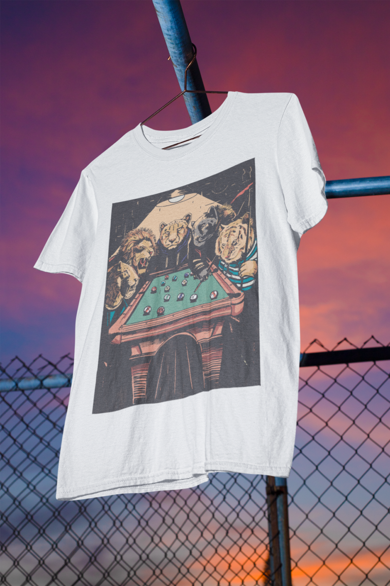 A group of cool slick big cats (a lion, a tiger, puma) playing pool Unisex Softstyle T-Shirt - Image 2
