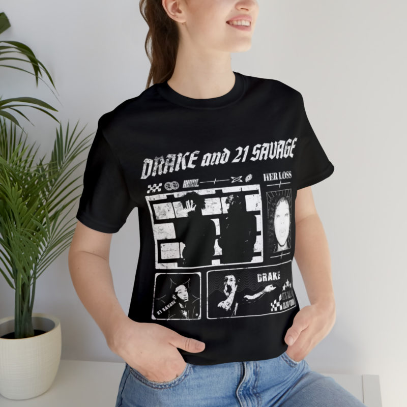 Drake and 21 Savage Y2K Style Black and White Comic Style Unisex T-Shirt. HER LOSS Drake and 21 Savage Tour Concert Tee, Front Only