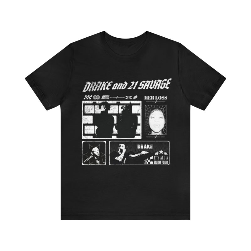 Drake and 21 Savage Y2K Style Black and White Comic Style Unisex T-Shirt. HER LOSS Drake and 21 Savage Tour Concert Tee, Front Only - Image 2