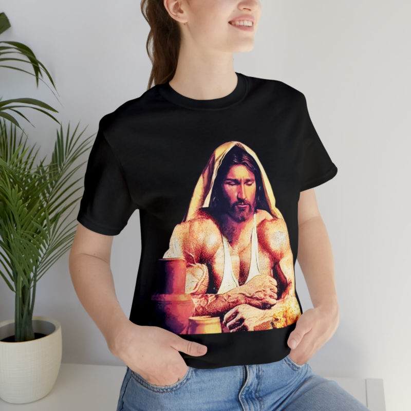 Jesus is Swole Unisex Jersey T-Shirt. Muscular Jacked Up Jesus T-Shirt. Funny Jesus Gym T-shirt . Jesus is Ripped Work Out T-Shirt.