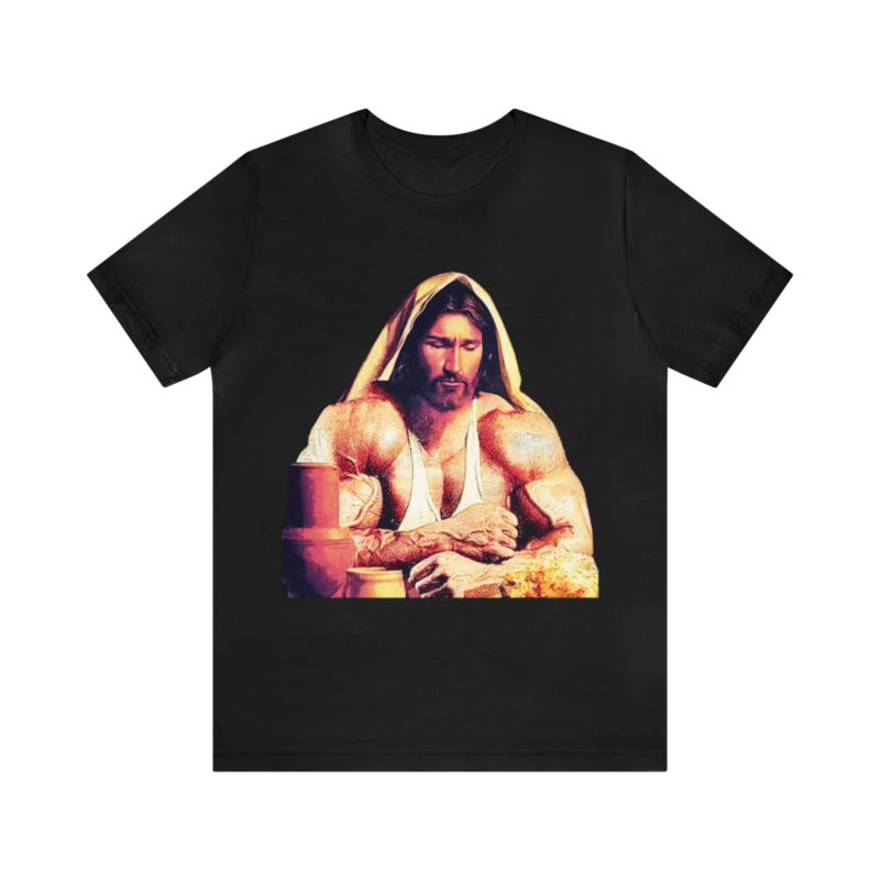 Jesus is Swole Unisex Jersey T-Shirt. Muscular Jacked Up Jesus T-Shirt. Funny Jesus Gym T-shirt . Jesus is Ripped Work Out T-Shirt. - Image 2
