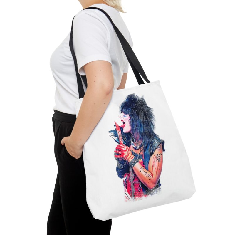 Nikki Sixx Bloody EAT ME Unisex Jersey White Tote Bag. Motley Crue Fan Tee. 1980's Heavy Metal Inspired  Tote Bag (AOP) - Image 12