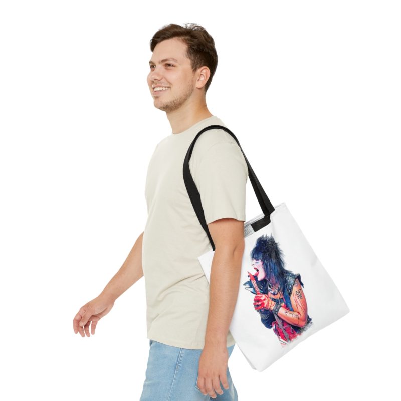 Nikki Sixx Bloody EAT ME Unisex Jersey White Tote Bag. Motley Crue Fan Tee. 1980's Heavy Metal Inspired  Tote Bag (AOP) - Image 3