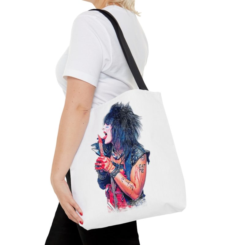 Nikki Sixx Bloody EAT ME Unisex Jersey White Tote Bag. Motley Crue Fan Tee. 1980's Heavy Metal Inspired  Tote Bag (AOP) - Image 4