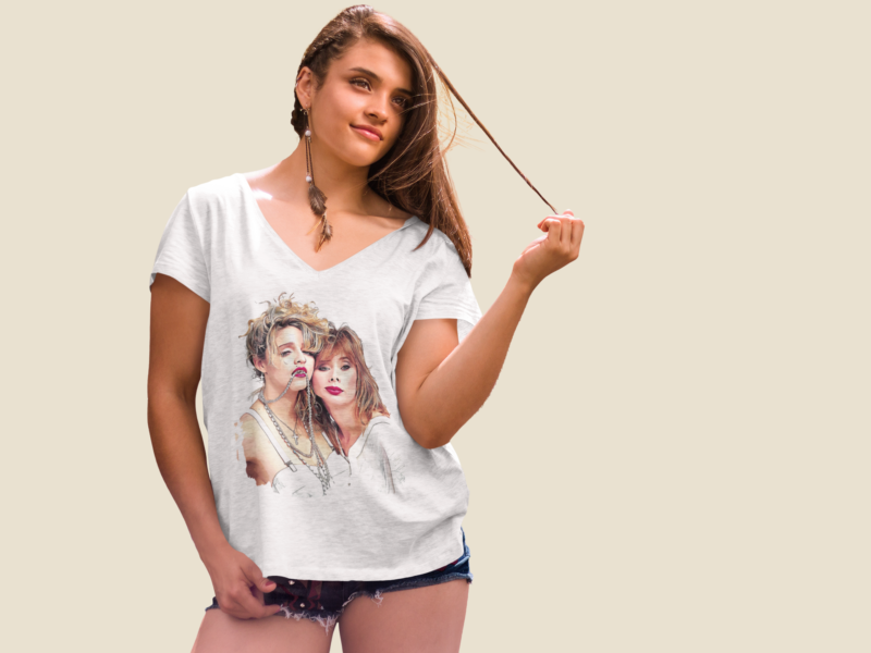 1985 Madonna and Rosanna Arquette Desperately Seeking Susan Illustration Women's Jersey Short Sleeve Deep V-Neck Tee - Image 3