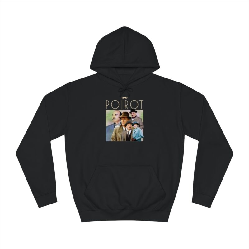 Hercule Poirot Unisex College Hoodie. Bootleg Style Hercule Poirot The Belgian Detective Hoodie. Hoodie Front and Large Hoodie Back Designs.