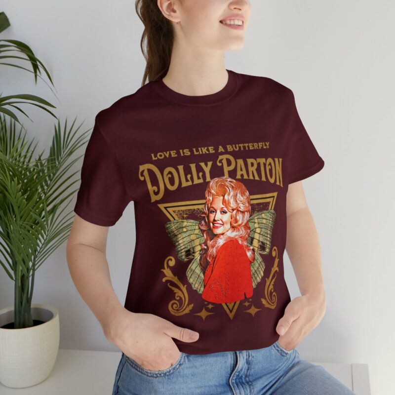 Dolly Parton Retro Style T-Shirt Love Is Like A Butterfly Album Art Tee 1974 - Image 5