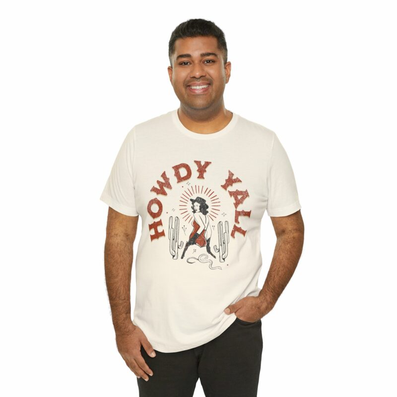 Howdy Yall Bohemian Cowgirl Design Unisex Jersey T-Shirt. Cowgirl Western Boho Bella and Canvas T-shirt Gift Idea. - Image 74
