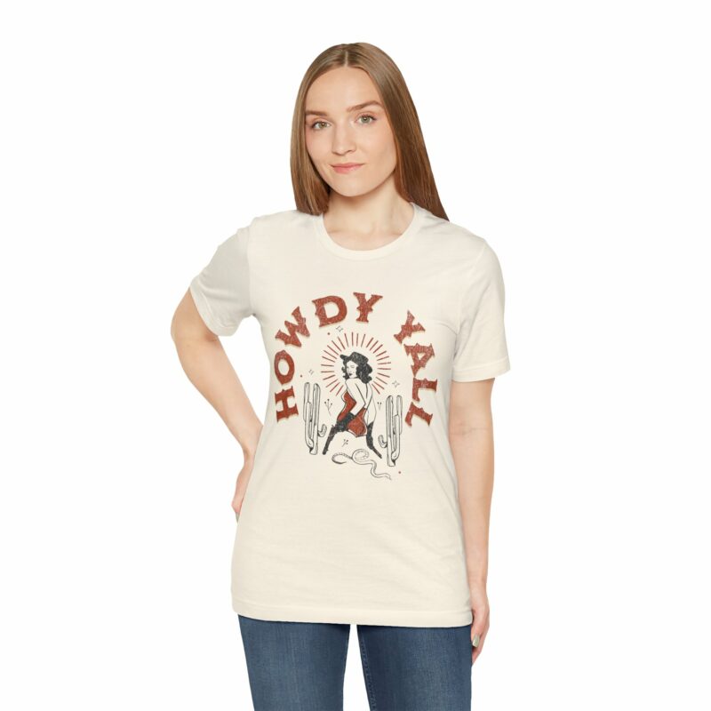 Howdy Yall Bohemian Cowgirl Design Unisex Jersey T-Shirt. Cowgirl Western Boho Bella and Canvas T-shirt Gift Idea. - Image 71