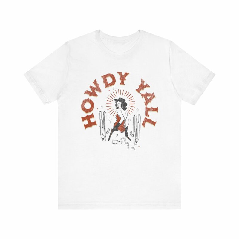 Howdy Yall Bohemian Cowgirl Design Unisex Jersey T-Shirt. Cowgirl Western Boho Bella and Canvas T-shirt Gift Idea.