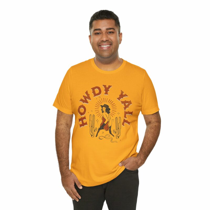 Howdy Yall Bohemian Cowgirl Design Unisex Jersey T-Shirt. Cowgirl Western Boho Bella and Canvas T-shirt Gift Idea. - Image 132