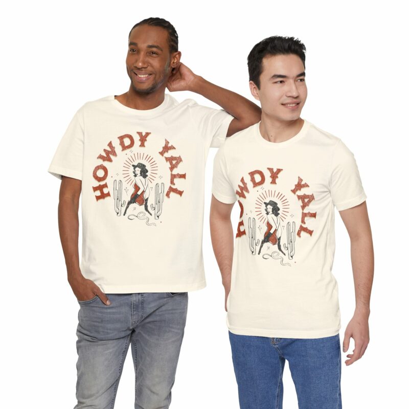 Howdy Yall Bohemian Cowgirl Design Unisex Jersey T-Shirt. Cowgirl Western Boho Bella and Canvas T-shirt Gift Idea. - Image 86