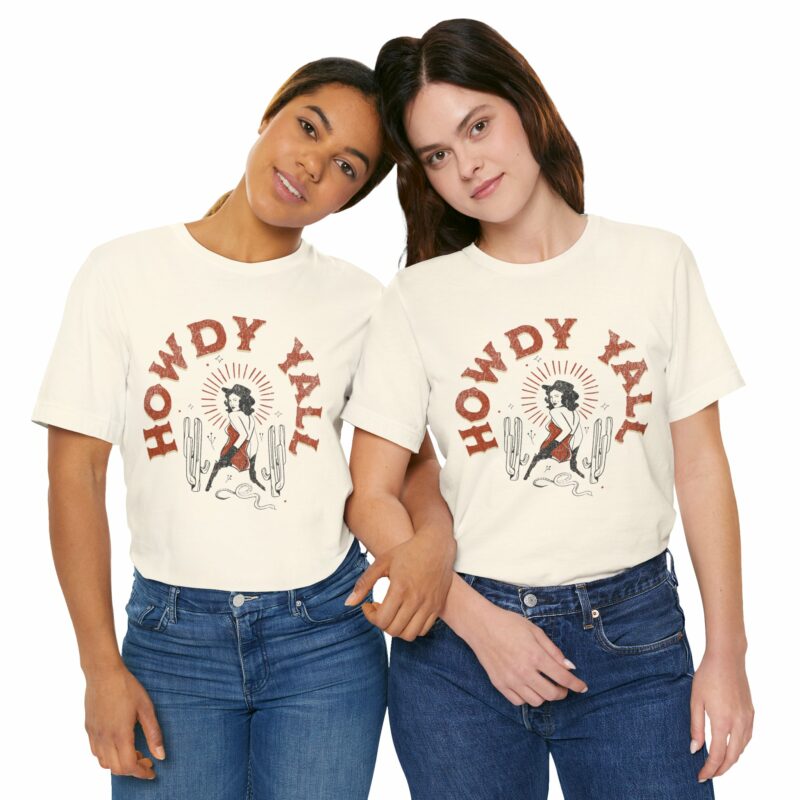 Howdy Yall Bohemian Cowgirl Design Unisex Jersey T-Shirt. Cowgirl Western Boho Bella and Canvas T-shirt Gift Idea. - Image 84