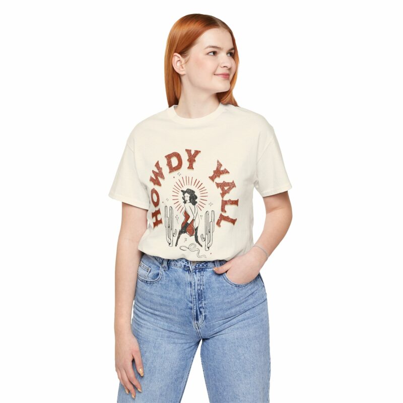 Howdy Yall Bohemian Cowgirl Design Unisex Jersey T-Shirt. Cowgirl Western Boho Bella and Canvas T-shirt Gift Idea. - Image 76