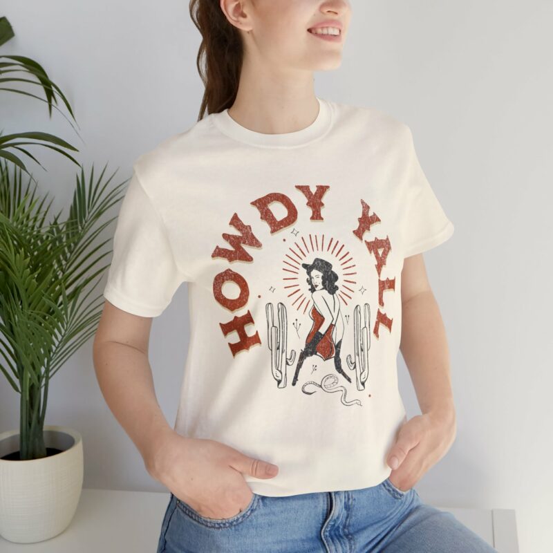 Howdy Yall Bohemian Cowgirl Design Unisex Jersey T-Shirt. Cowgirl Western Boho Bella and Canvas T-shirt Gift Idea. - Image 82