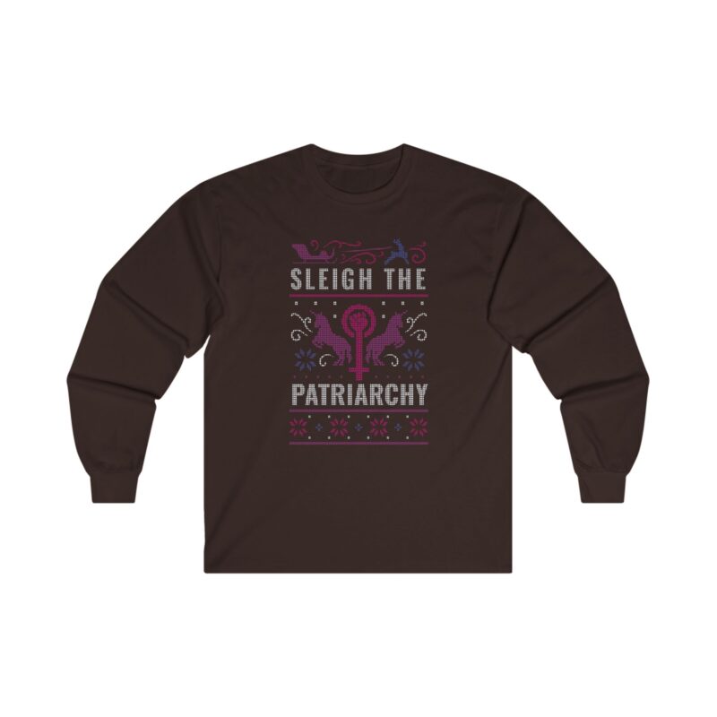 Christmas Ugly Sweater Long Sleeve Unisex, Sleigh The Patriarchy Long Sleeve Shirt, Holiday Graphic Top, Feminist Christmas Apparel, - Image 4