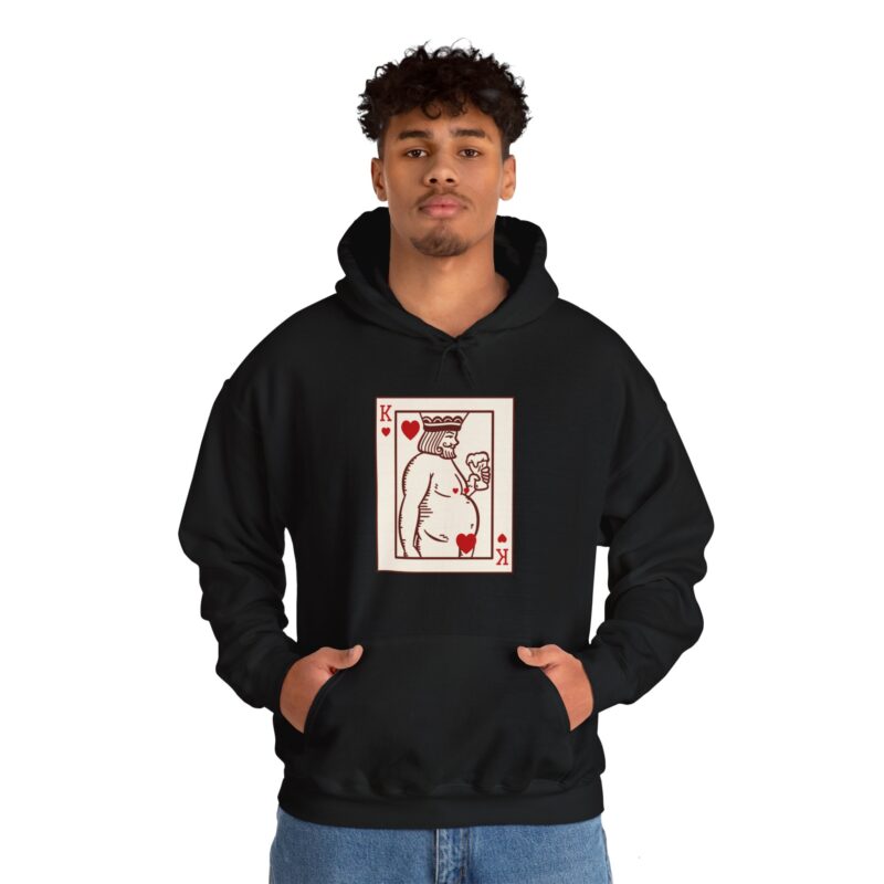 Funny Fat King of Hearts Drinking Beer Hoodie, Chubby King with a Beer Pullover Sweatshirt, Plus Size Unisex Hooded Jumper, Beer Lover Gift, - Image 9
