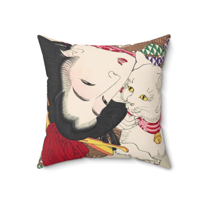 Japanese woman and cat art (1888), vintage illustration by Yoshitoshi  Spun Polyester Square Pillow Spun Polyester Square Pillow - Image 3
