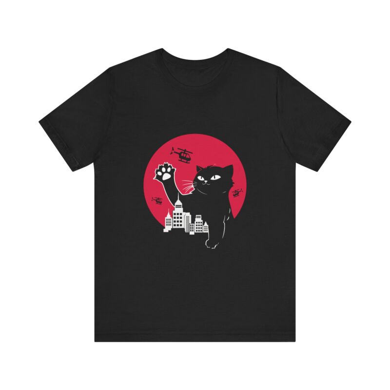 Cute Catzilla Unisex Jersey Short Sleeve Tee. Cat Attacking Helicopters and City Skyline. Gift for cat lovers. - Image 8
