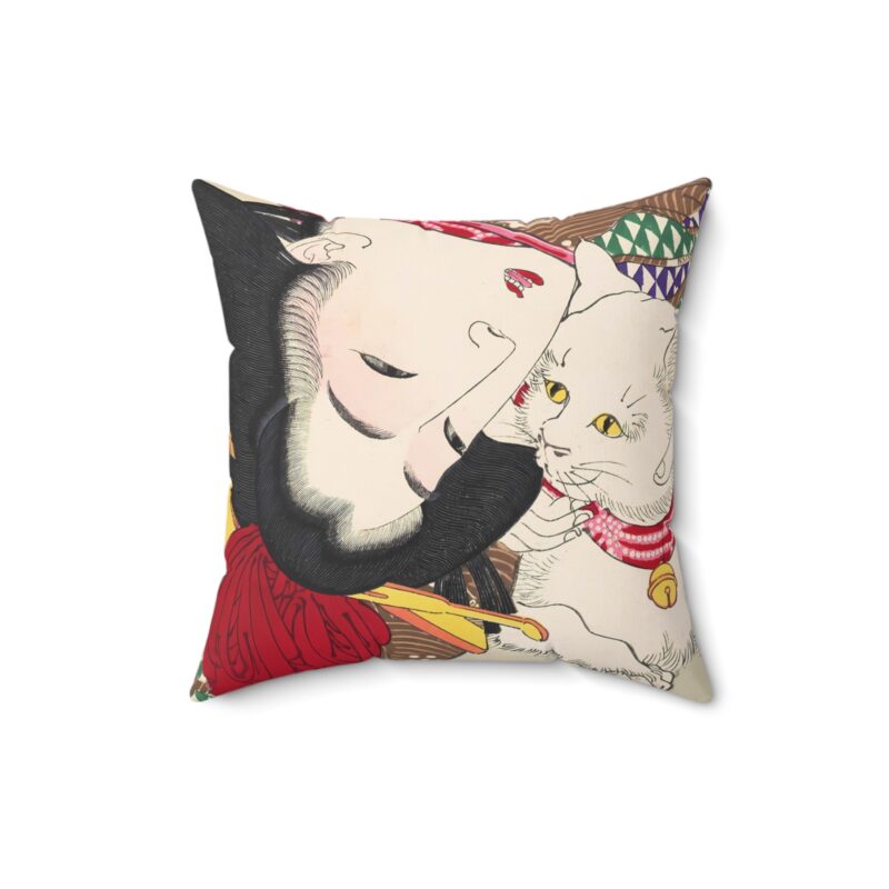 Japanese woman and cat art (1888), vintage illustration by Yoshitoshi  Spun Polyester Square Pillow Spun Polyester Square Pillow - Image 2